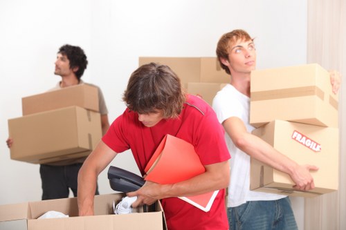 Packed business supplies ready for transport during a move